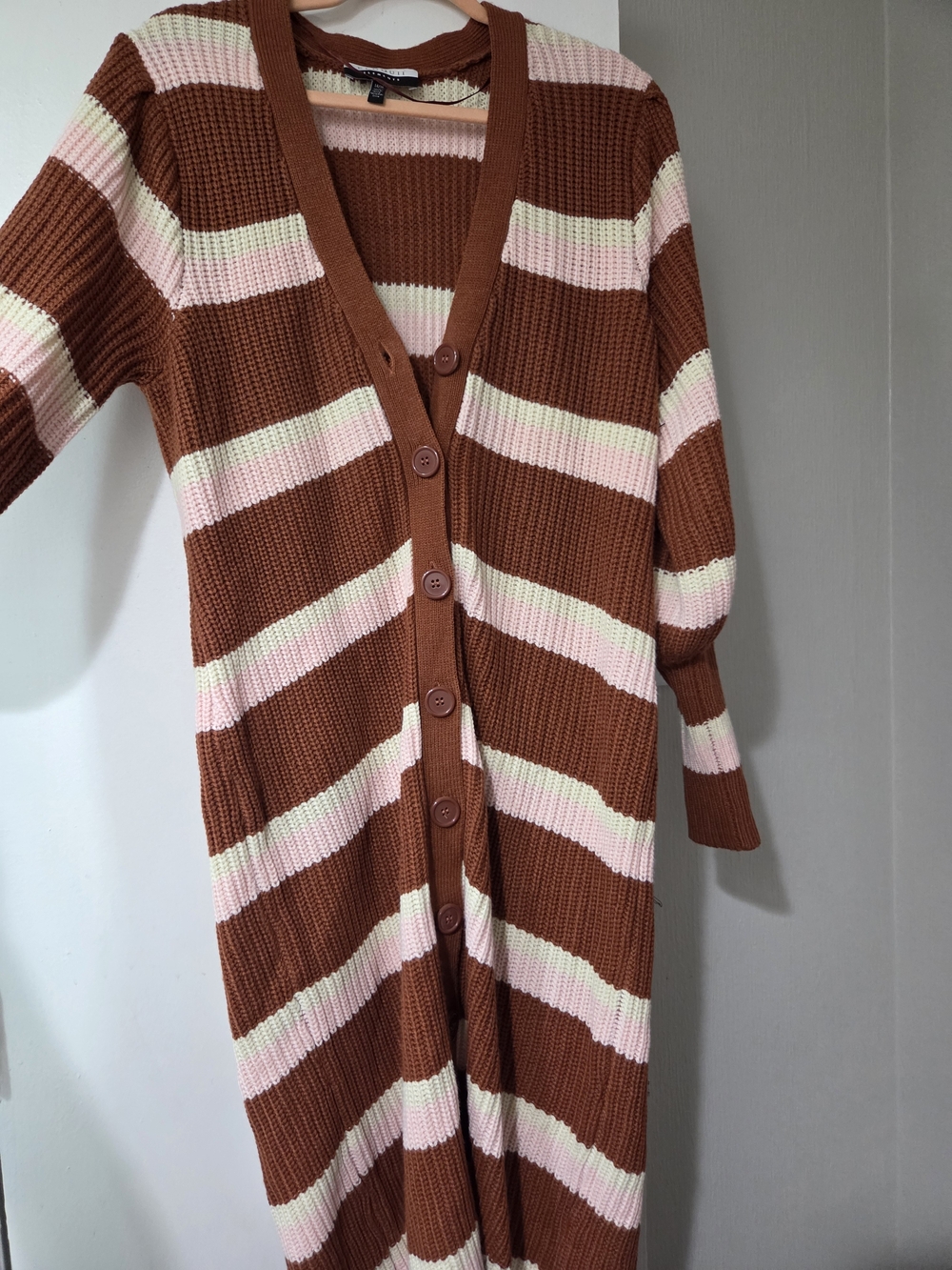 Eloquii Brown Pink Cream Striped Long Button-Front Cardigan